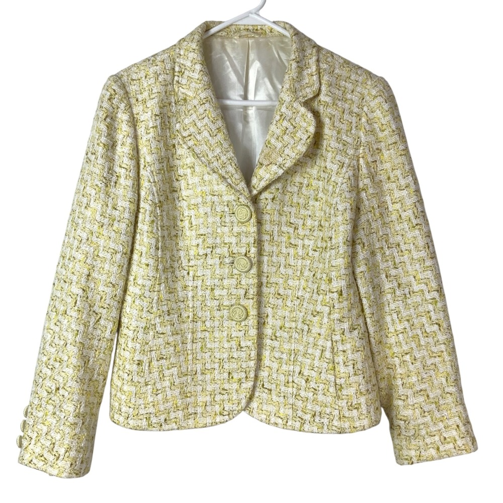 Hobbs Yellow White Chevron Tweed Blazer 14 Button Notched Long Sleeve Metallic